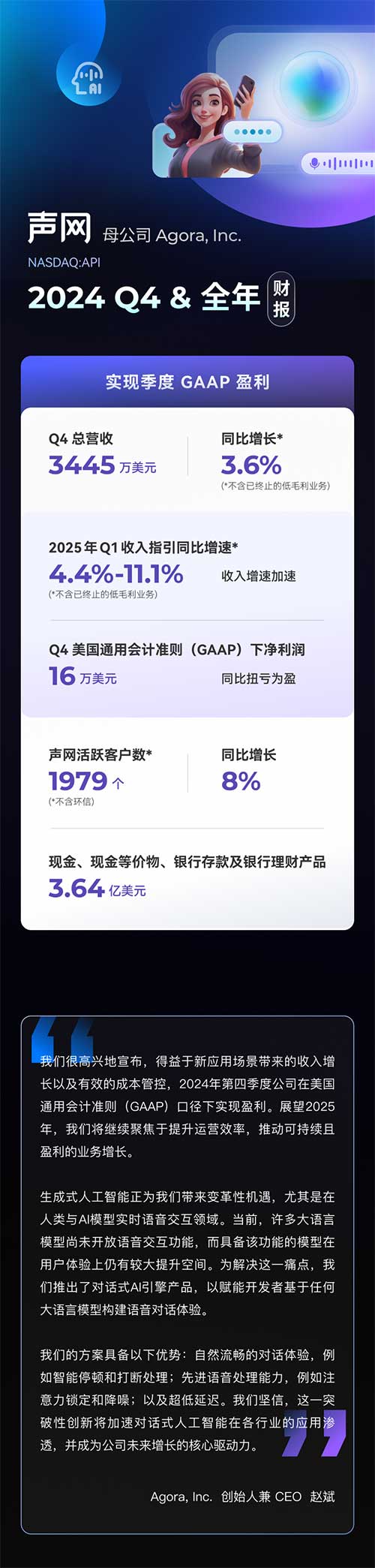 声网母公司2024Q4财报：实现季度GAAP盈利，收入增速加快