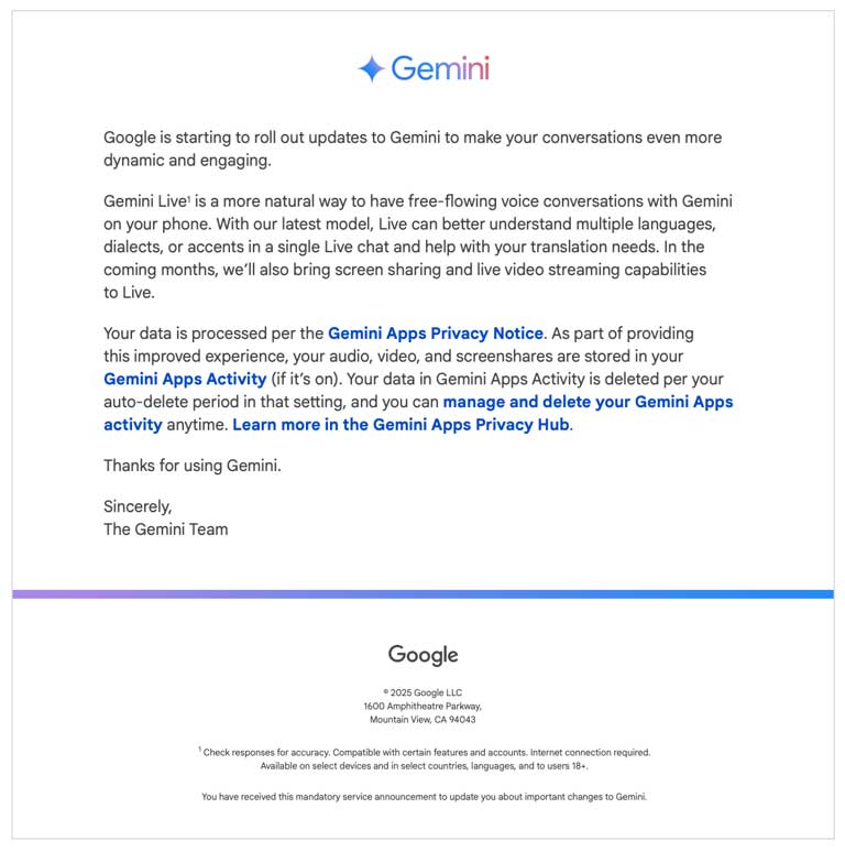 Google 更新 Gemini Live，计划支持屏幕共享和实时视频