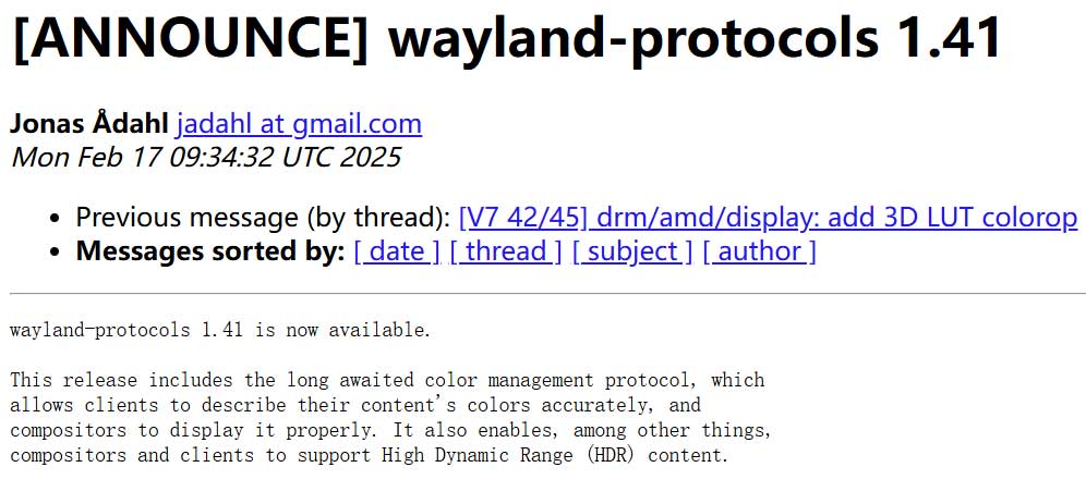 Wayland Protocols 1.41 发布，支持色彩管理